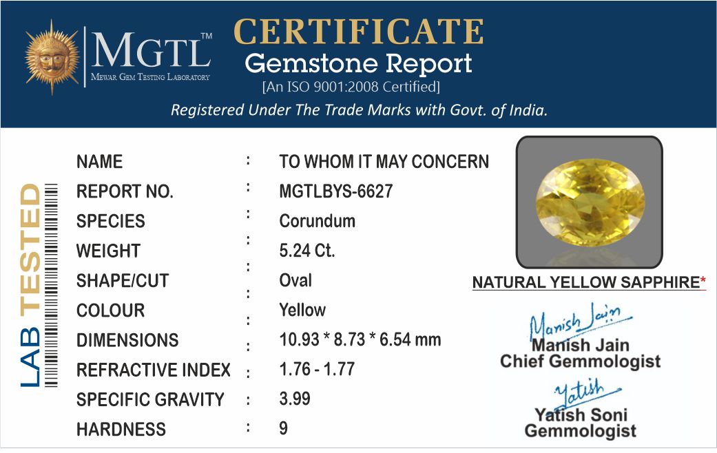 Yellow Sapphire - 5.24 Carats (Pukhraj - 5.71 Ratti)