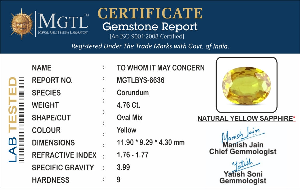 Yellow Sapphire - 4.76 Carats (Pukhraj - 5.19 Ratti)