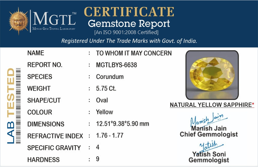 Yellow Sapphire - 5.75 Carats (Pukhraj - 6.27 Ratti)