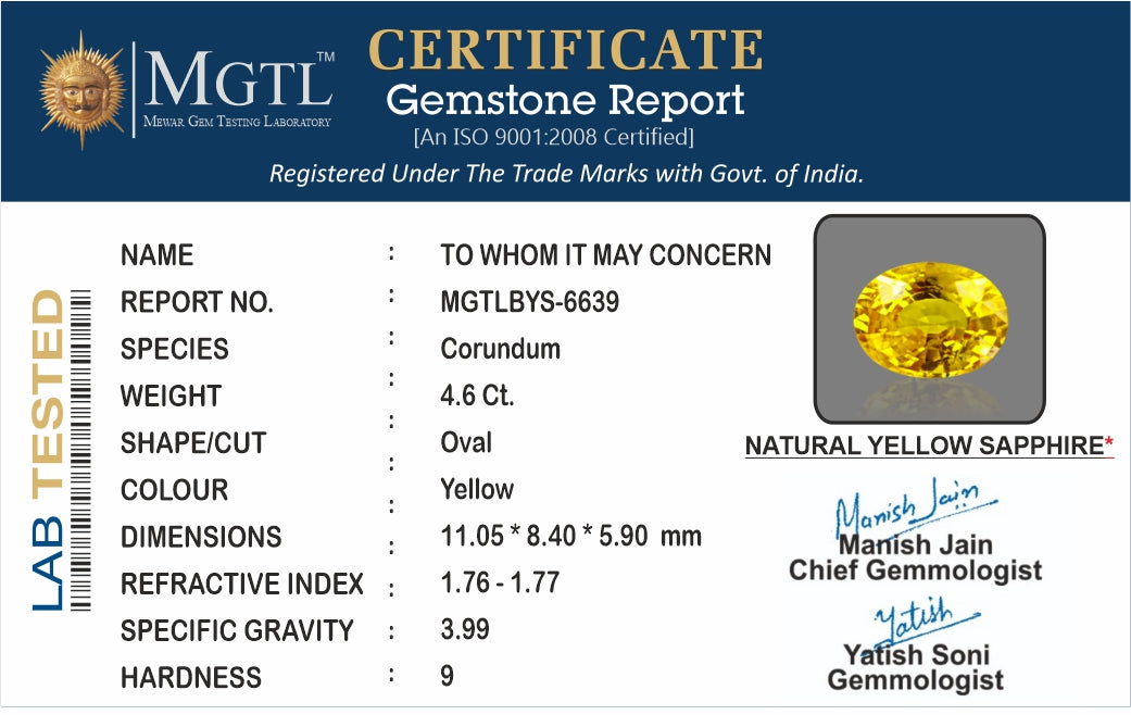 Yellow Sapphire - 4.60 Carats (Pukhraj - 5.01 Ratti)