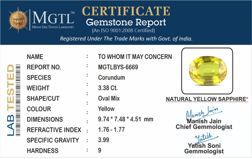 Yellow Sapphire (Pukhraj) - 3.40 Carats