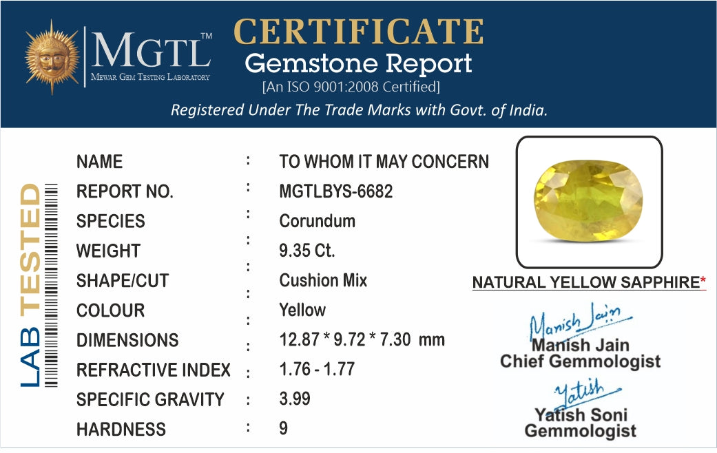 Yellow Sapphire - 9.35 Carats (Pukhraj - 10.19 Ratti)