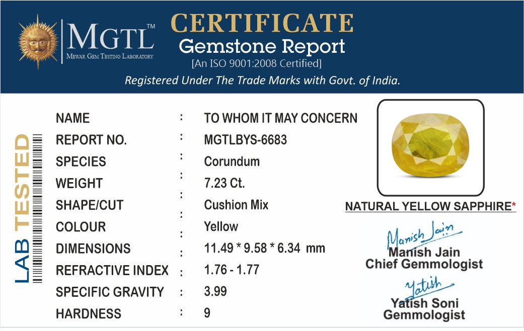 Yellow Sapphire - 7.23 Carats (Pukhraj - 7.88 Ratti)