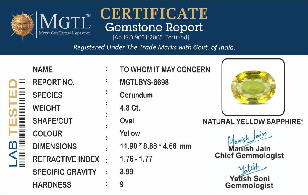 Yellow Sapphire - 4.80 Carats (Pukhraj - 5.23 Ratti)