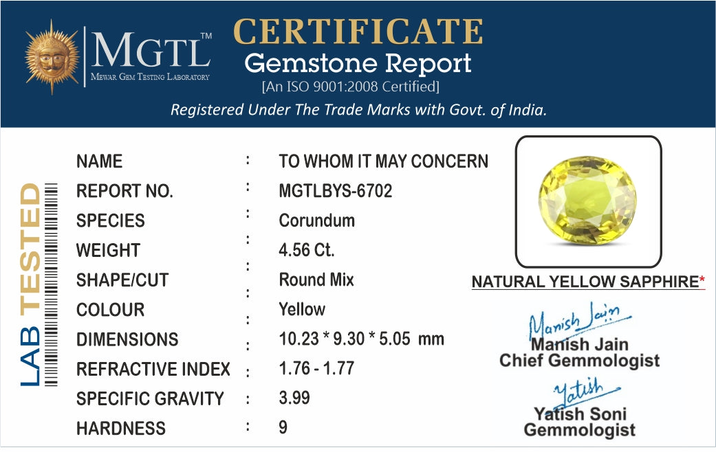 Yellow Sapphire (Pukhraj) - 4.56 Carats