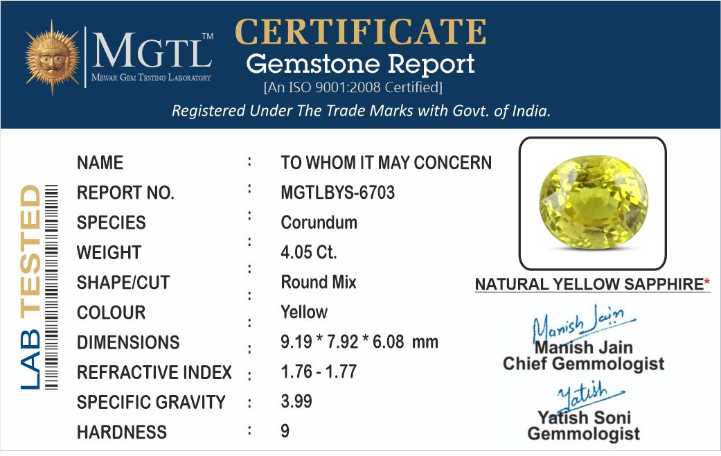 Yellow Sapphire - 4.05 Carats (Pukhraj - 4.41 Ratti)