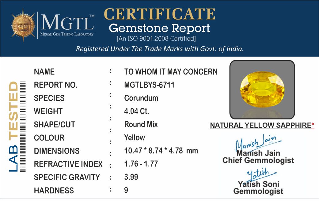 Yellow Sapphire - 4.04 Carats (Pukhraj - 4.40 Ratti)