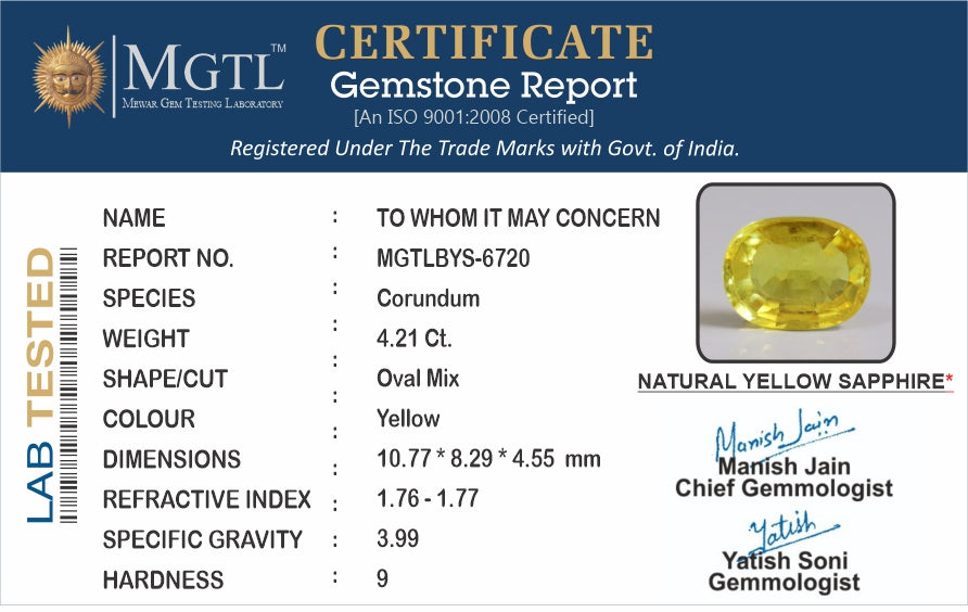 Yellow Sapphire - 4.21 Carats (Pukhraj - 4.59 Ratti)