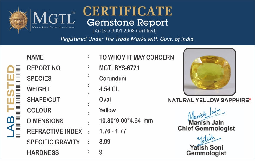 Yellow Sapphire - 4.54 Carats (Pukhraj - 4.95 Ratti)