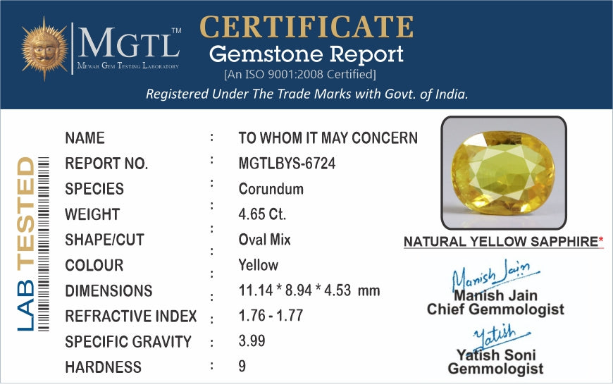 Yellow Sapphire - 4.65 Carats (Pukhraj - 5.07 Ratti)