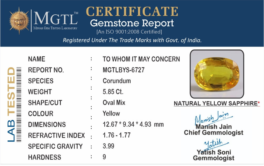 Yellow Sapphire - 5.85 Carats (Pukhraj - 6.38 Ratti)