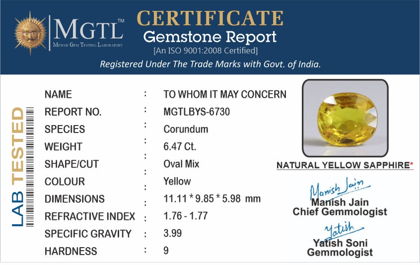 Yellow Sapphire - 6.47 Carats (Pukhraj - 7.05 Ratti)