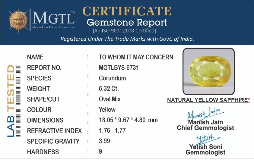 Yellow Sapphire - 6.32 Carats (Pukhraj - 6.89 Ratti)