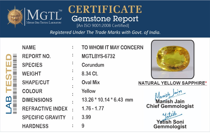 Yellow Sapphire - 8.34 Carats (Pukhraj - 9.09 Ratti)
