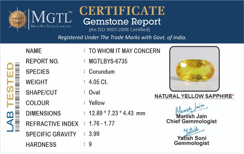 Yellow Sapphire - 4.05 Carats (Pukhraj - 4.41 Ratti)