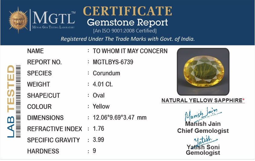 Yellow Sapphire - 4.01 Carats (Pukhraj - 4.37 Ratti)