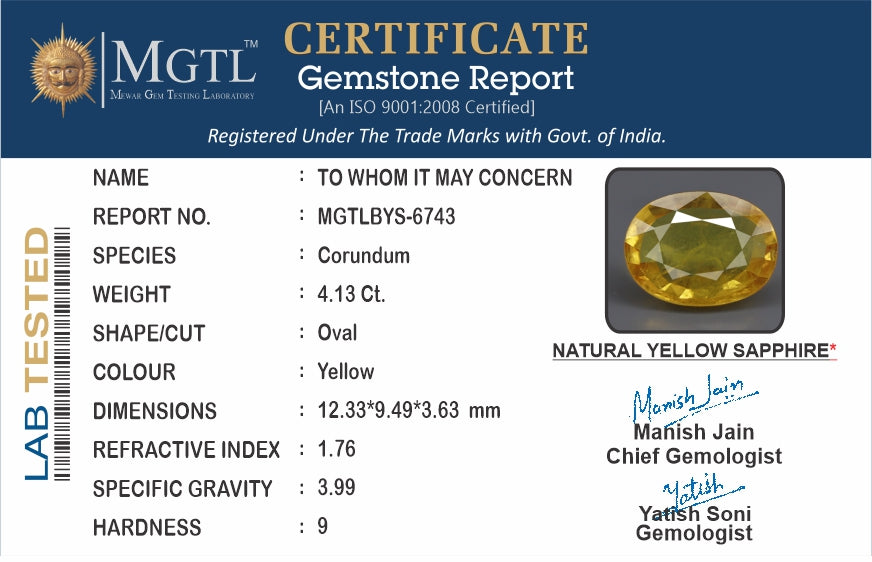 Yellow Sapphire - 4.13 Carats (Pukhraj - 4.50 Ratti)