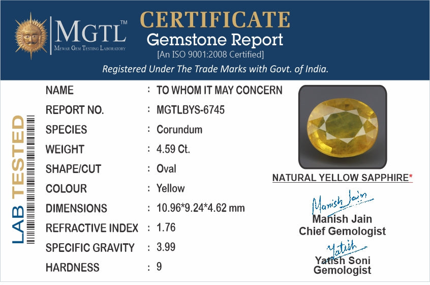 Yellow Sapphire - 4.59 Carats (Pukhraj - 5.00 Ratti)