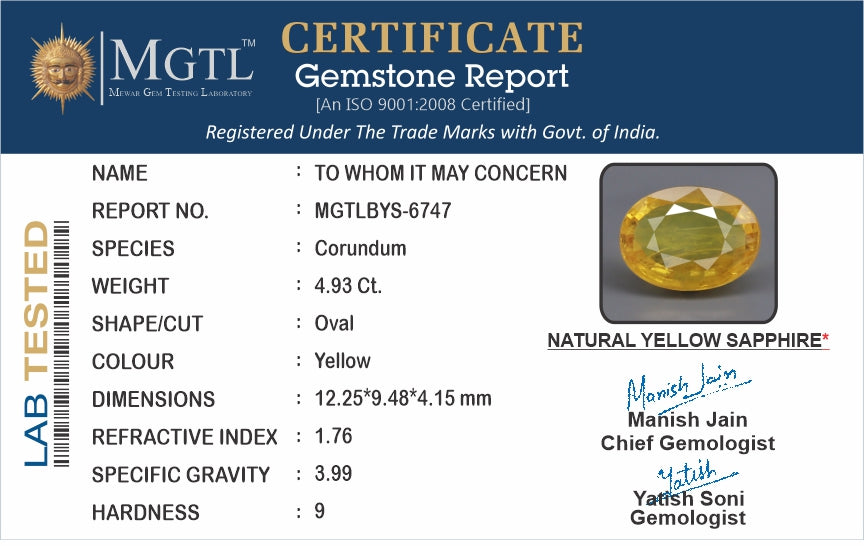 Yellow Sapphire - 4.93 Carats (Pukhraj - 5.37 Ratti)