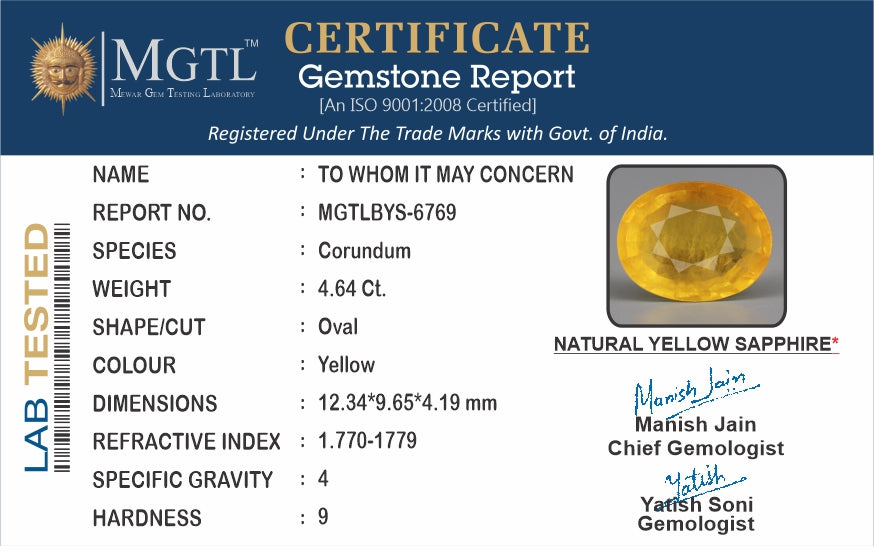 Yellow Sapphire - 4.64 Carats (Pukhraj - 5.06 Ratti)