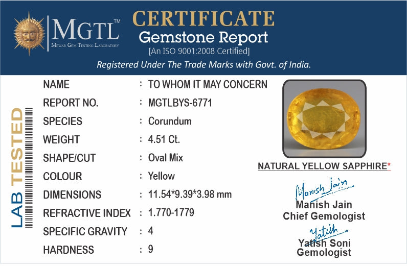 Yellow Sapphire - 4.51 Carats (Pukhraj - 4.92 Ratti)