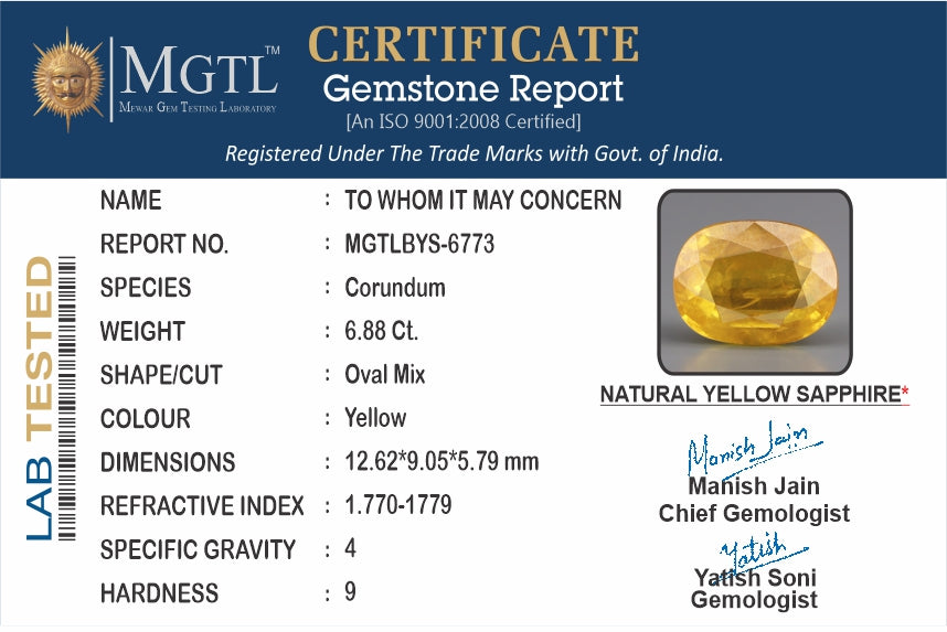Yellow Sapphire - 6.88 Carats (Pukhraj - 7.50 Ratti)