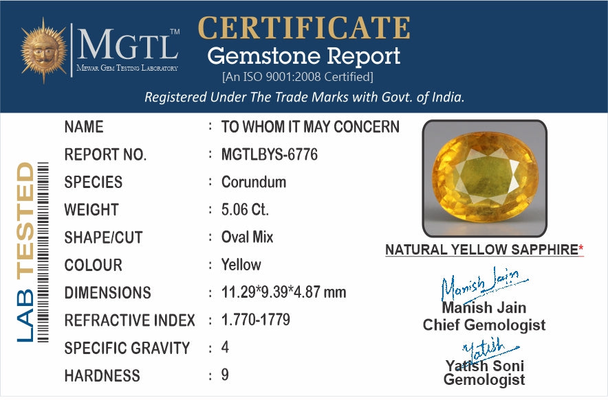 Yellow Sapphire - 5.06 Carats (Pukhraj - 5.52 Ratti)