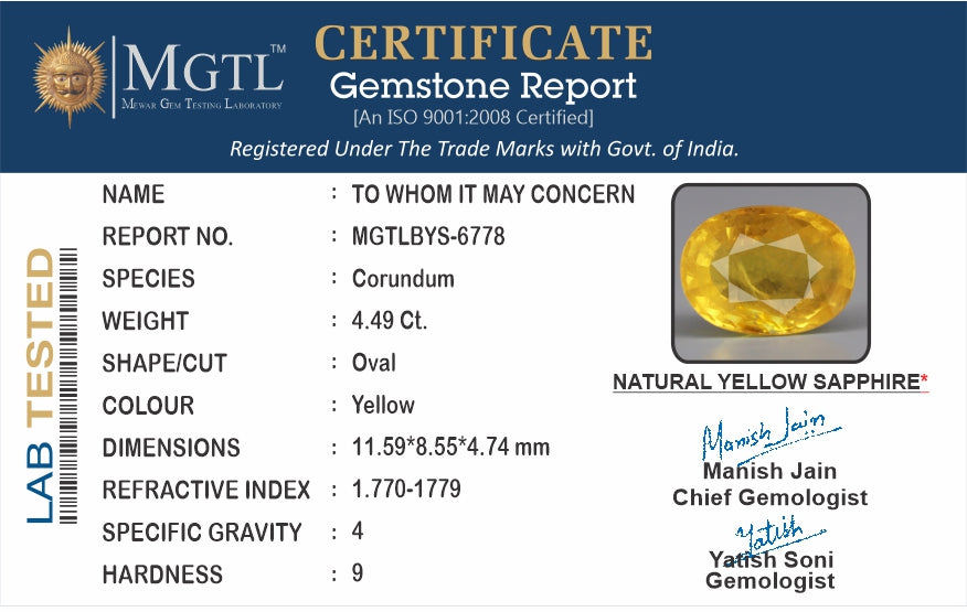 Yellow Sapphire - 4.49 Carats (Pukhraj - 4.89 Ratti)