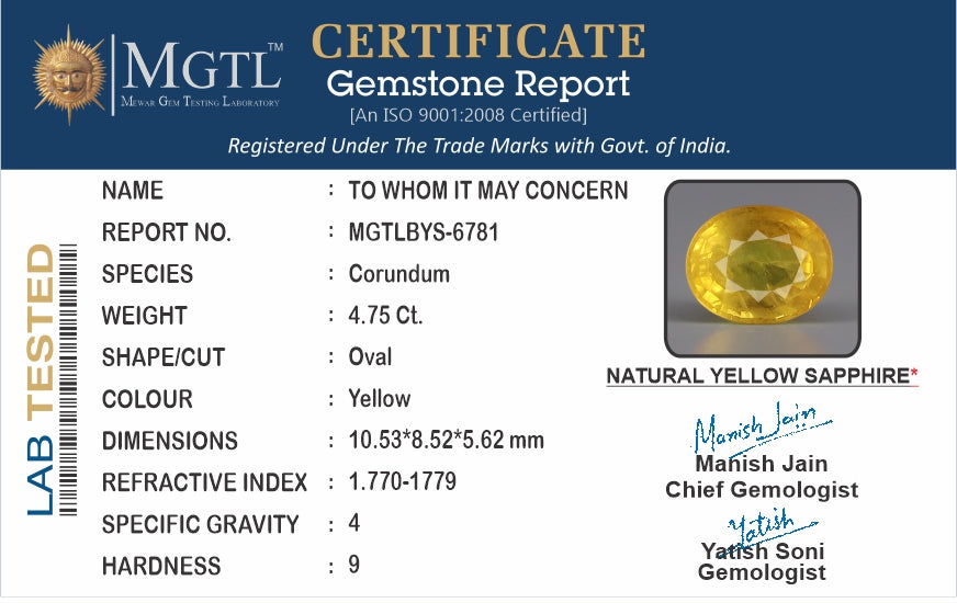 Yellow Sapphire - 4.75 Carats (Pukhraj - 5.18 Ratti)