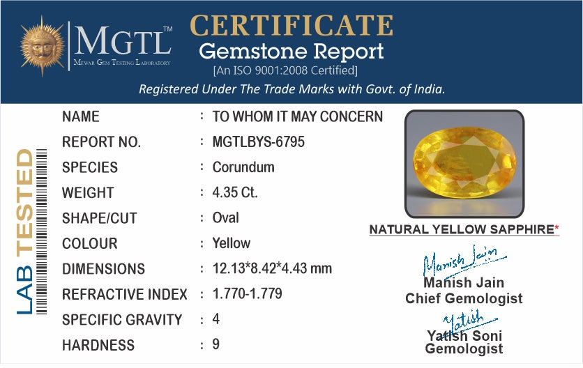 Yellow Sapphire - 4.35 Carats (Pukhraj - 4.74 Ratti)