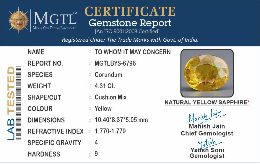 Yellow Sapphire - 4.31 Carats (Pukhraj - 4.70 Ratti)