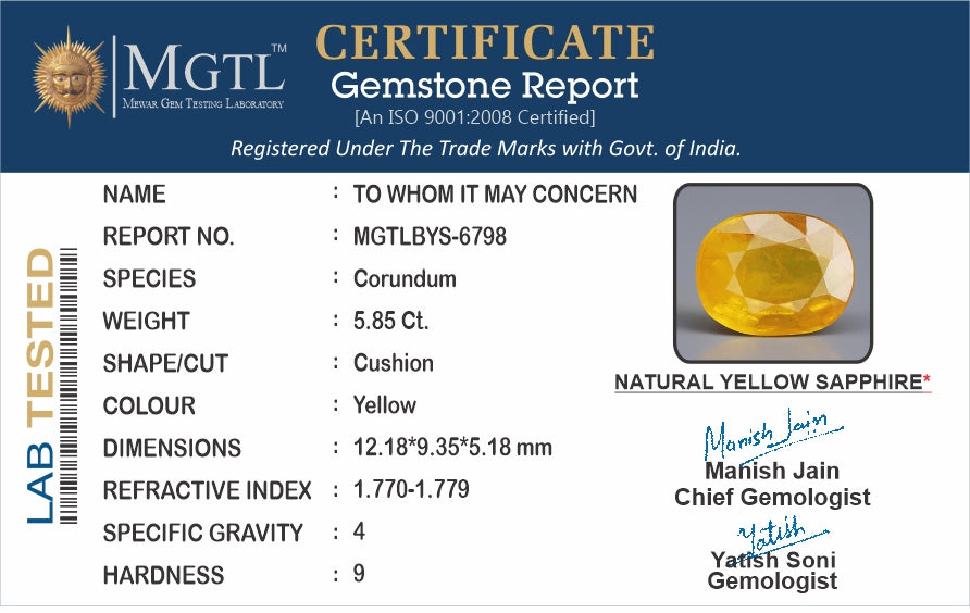 Yellow Sapphire - 5.85 Carats (Pukhraj - 6.38 Ratti)
