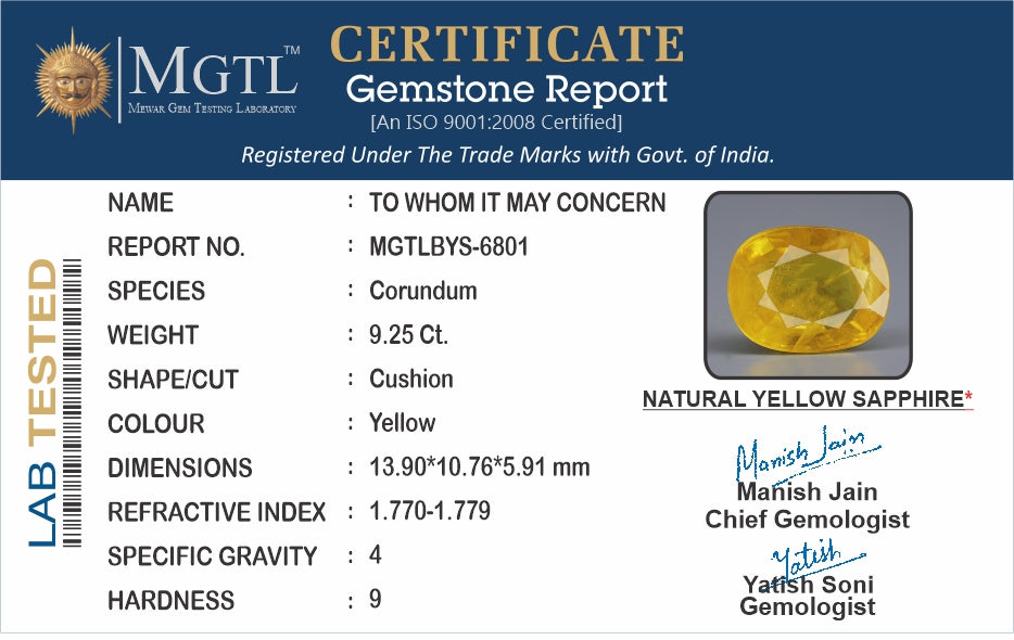 Yellow Sapphire - 9.25 Carats (Pukhraj - 10.08 Ratti)