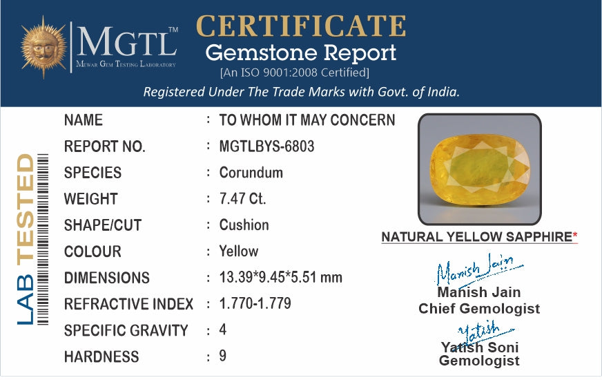 Yellow Sapphire - 7.47 Carats (Pukhraj - 8.14 Ratti)