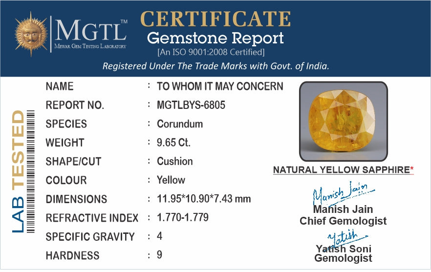 Yellow Sapphire - 9.65 Carats (Pukhraj - 10.52 Ratti)