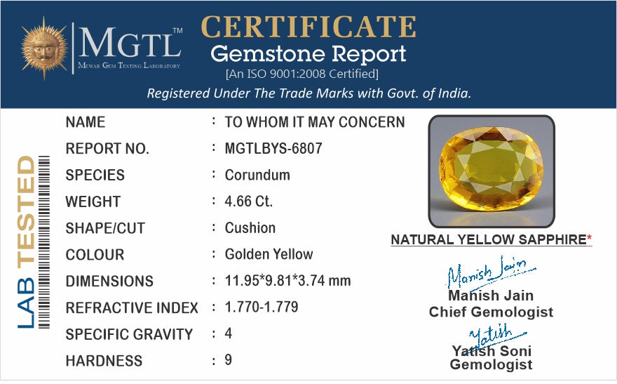 Yellow Sapphire (Pukhraj) - 4.66 Carats