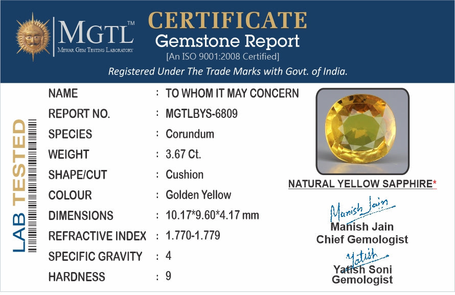 Yellow Sapphire - 3.67 Carats (Pukhraj - 4.00 Ratti)