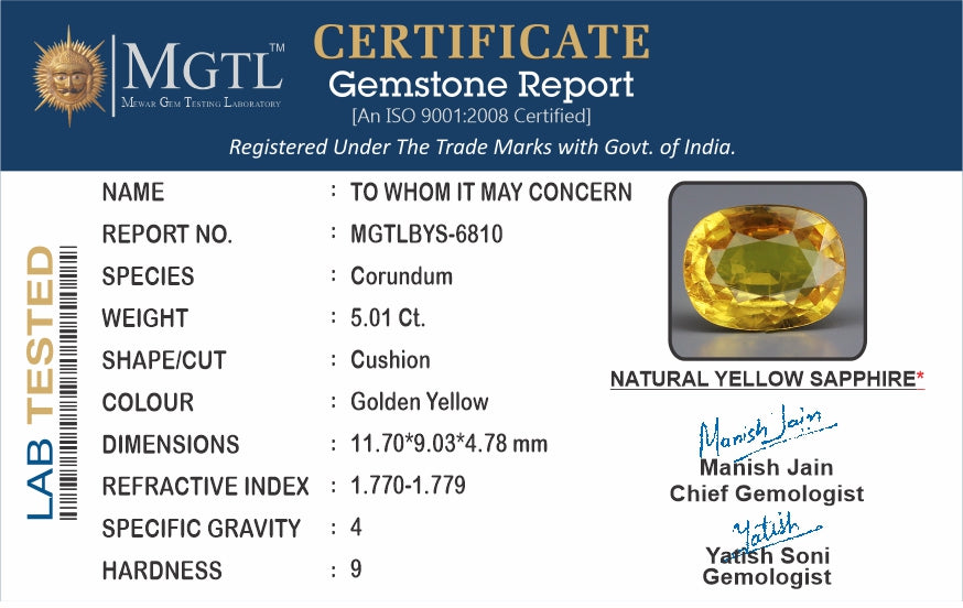 Yellow Sapphire - 5.01 Carats (Pukhraj - 5.46 Ratti)