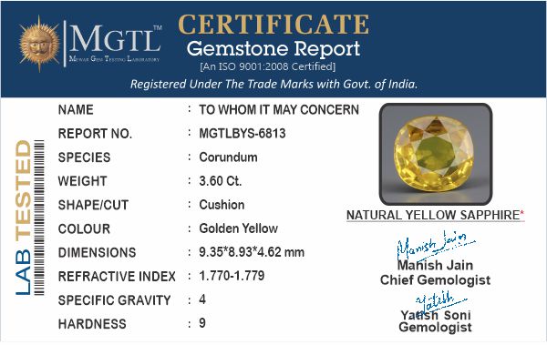 Yellow Sapphire (Pukhraj) - 3.60 Carats