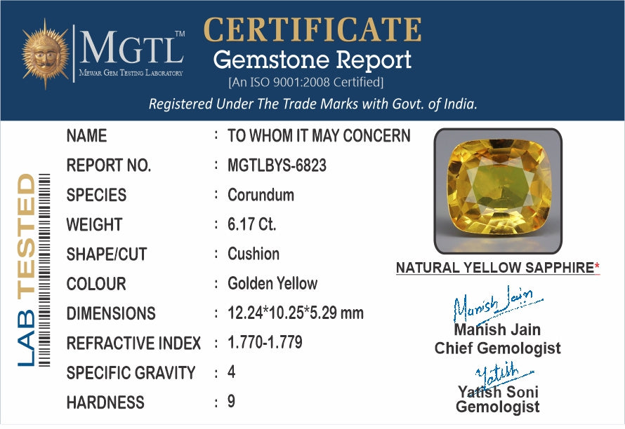 Yellow Sapphire - 6.17 Carats (Pukhraj - 6.73 Ratti)