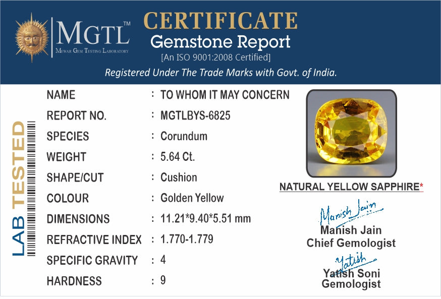 Yellow Sapphire - 5.64 Carats (Pukhraj - 6.15 Ratti)