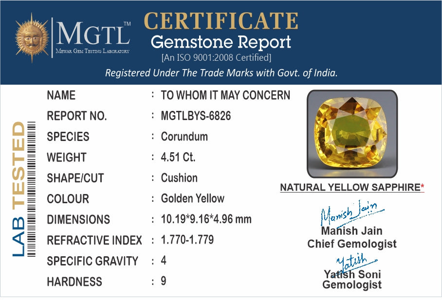 Yellow Sapphire - 4.51 Carats (Pukhraj - 4.92 Ratti)