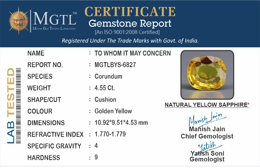 Yellow Sapphire - 4.55 Carats (Pukhraj - 4.96 Ratti)