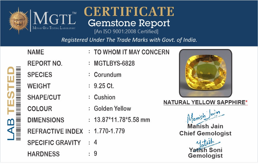 Yellow Sapphire - 9.25 Carats (Pukhraj - 10.08 Ratti)