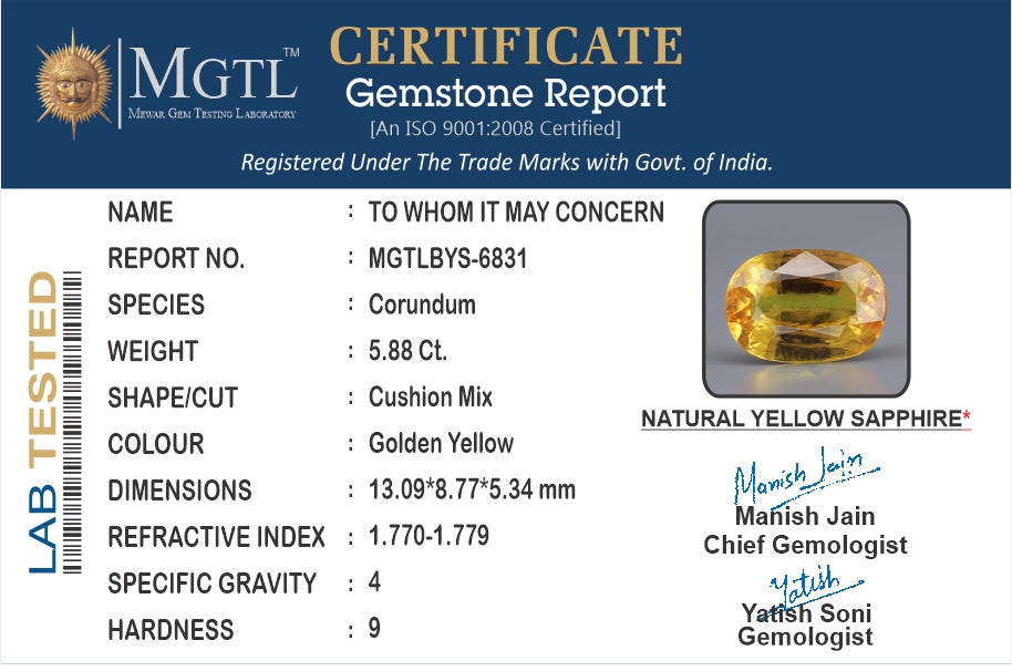 Yellow Sapphire (Pukhraj) - 5.88 Carats