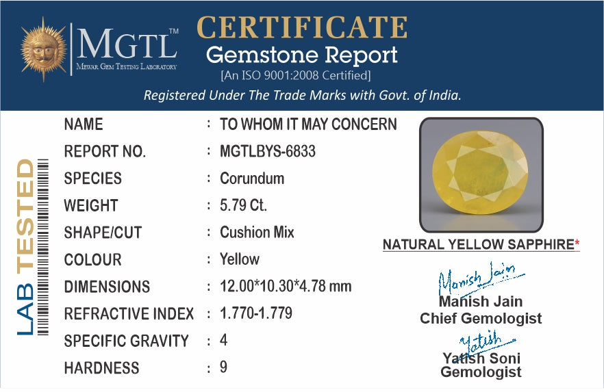 Yellow Sapphire - 5.79 Carats (Pukhraj - 6.31 Ratti)