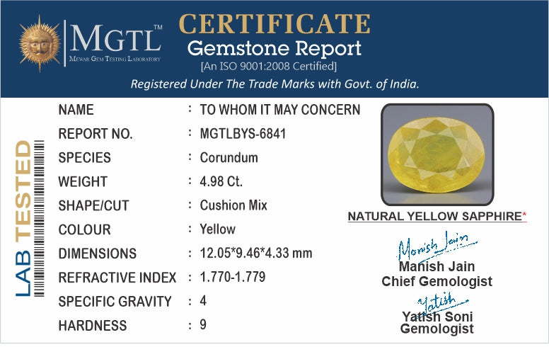 Yellow Sapphire - 4.98 Carats (Pukhraj - 5.43 Ratti)