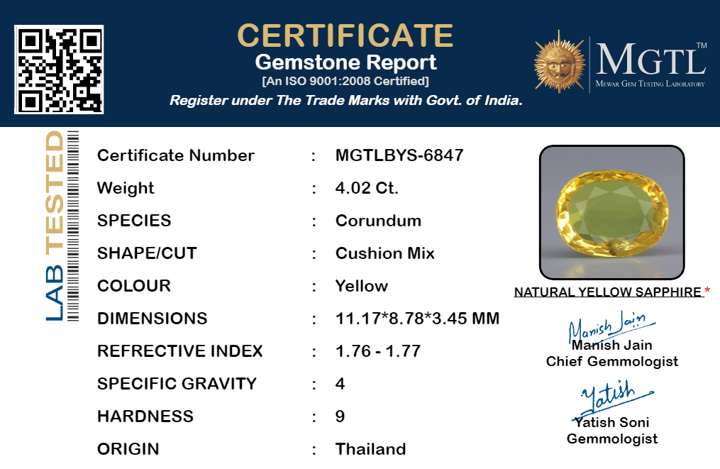 Yellow Sapphire - 4.02 Carats (Pukhraj - 4.38 Ratti)