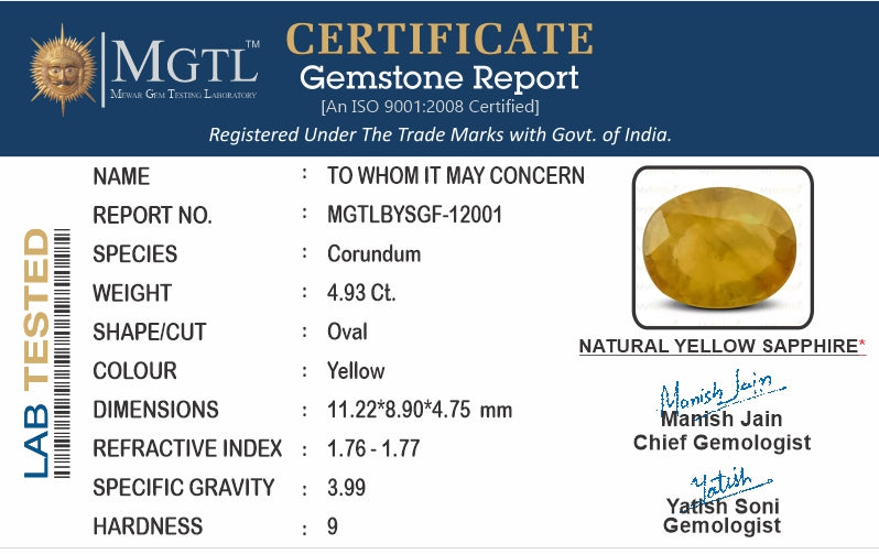Yellow Sapphire - 4.93 Carats (Pukhraj - 5.37 Ratti)