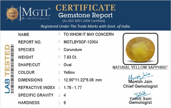Yellow Sapphire - 7.83 Carats (Pukhraj - 8.53 Ratti)